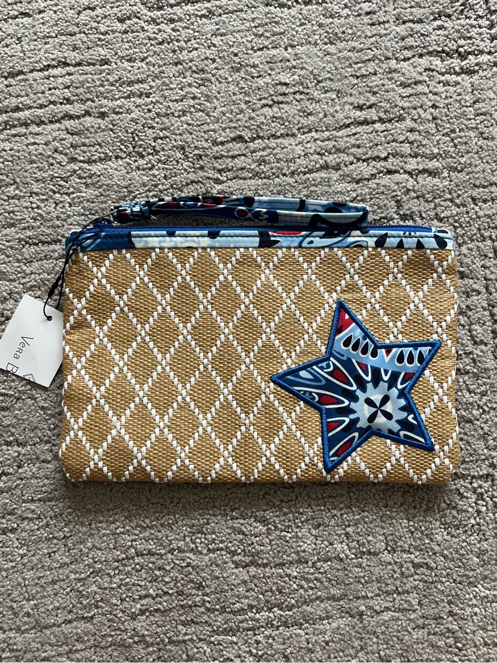 Vera Bradley Tan Woven Wristlet with Blue Star Accent